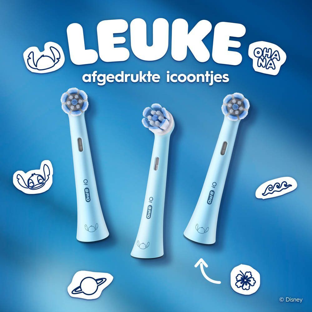 Drie Oral-B iO Kids Disney Stitch opzetborstels met leuke afgedrukte icoontjes.