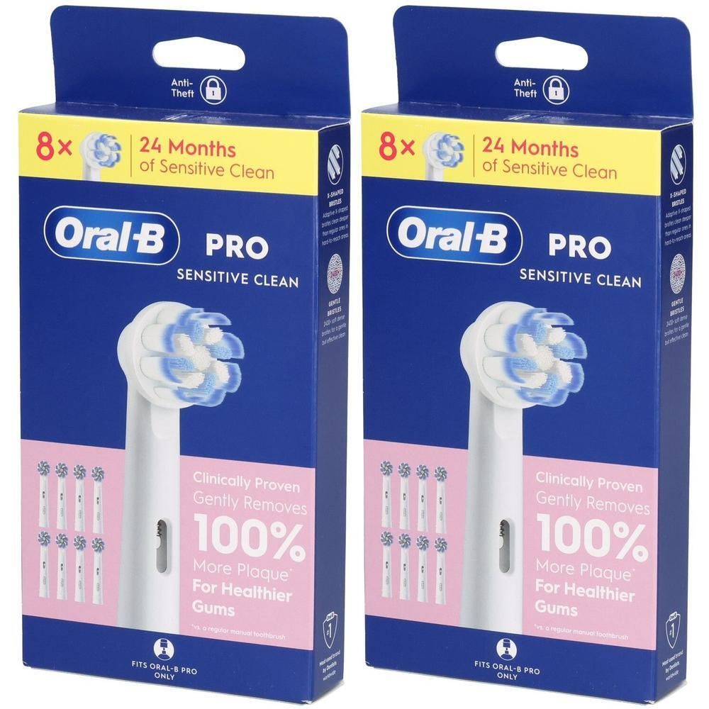 Twee pakken Oral-B Pro Sensitive Clean opzetborstels. Elk pak bevat 8 borstels voor 24 maanden.