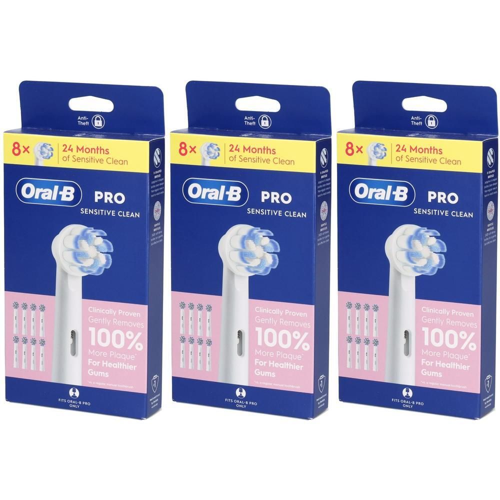 Trois paquets de brossettes Oral-B Pro Sensitive Clean. Chaque paquet contient 8 têtes pour 24 mois.