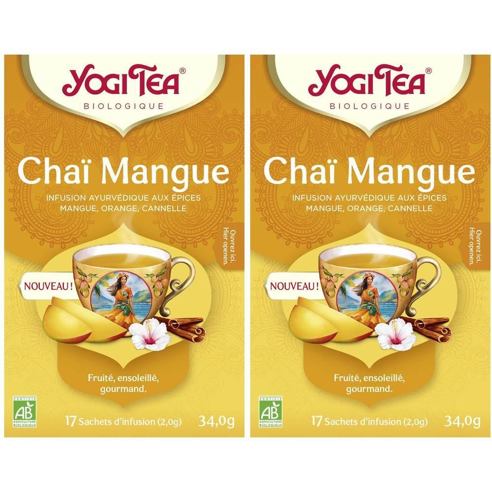 Emballage Yogi Tea Chai Mangue avec deux sachets, tasse, mangue et bâtons de cannelle.