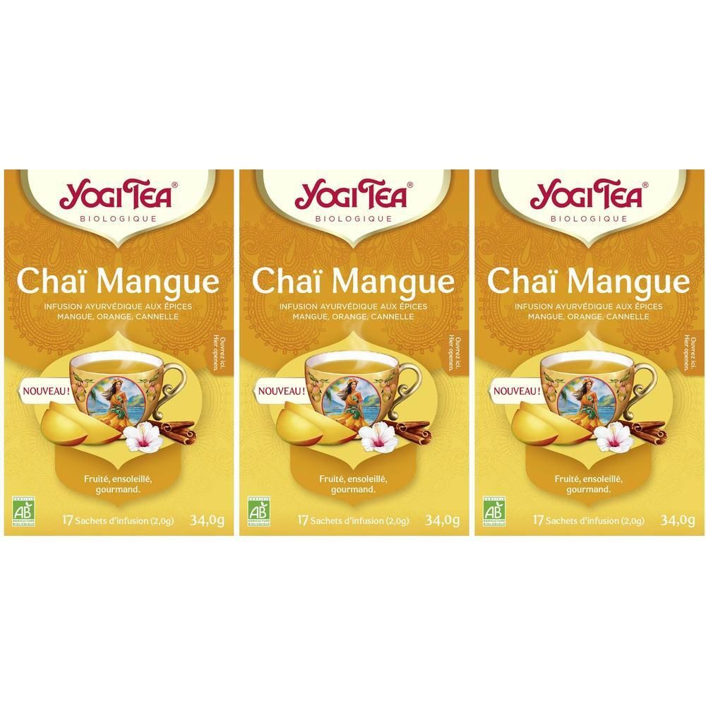 Trois paquets de Yogi Tea Bio Chaï Mangue, 17 sachets par paquet.