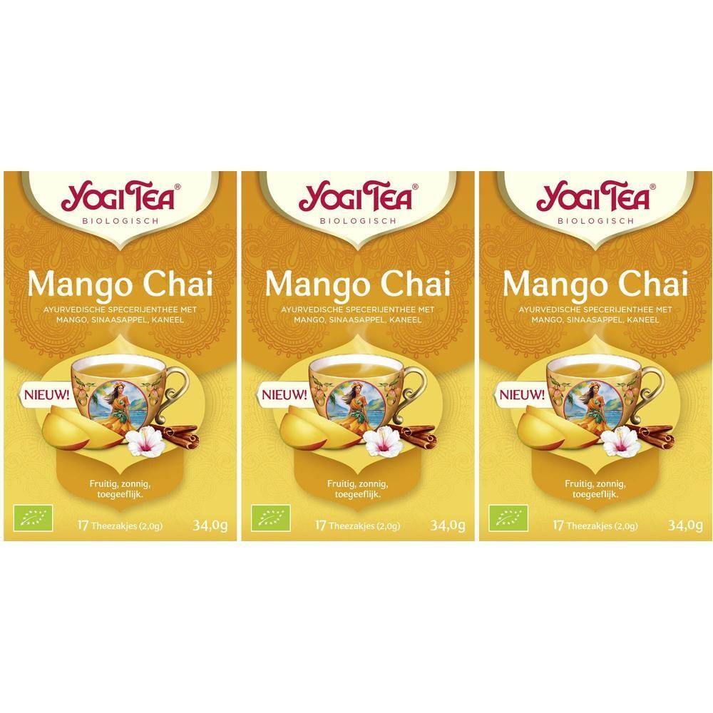 Drie pakken Yogi Tea Bio Mango Chai, 17 zakjes per pak.
