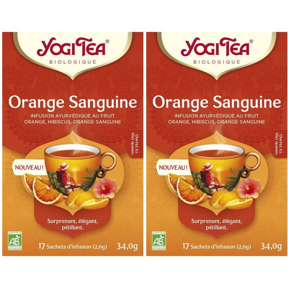Yogi Tea Orange Sanguine, emballage de 17 sachets de thé. Montre une tasse de thé, des oranges sanguines et des fleurs.
