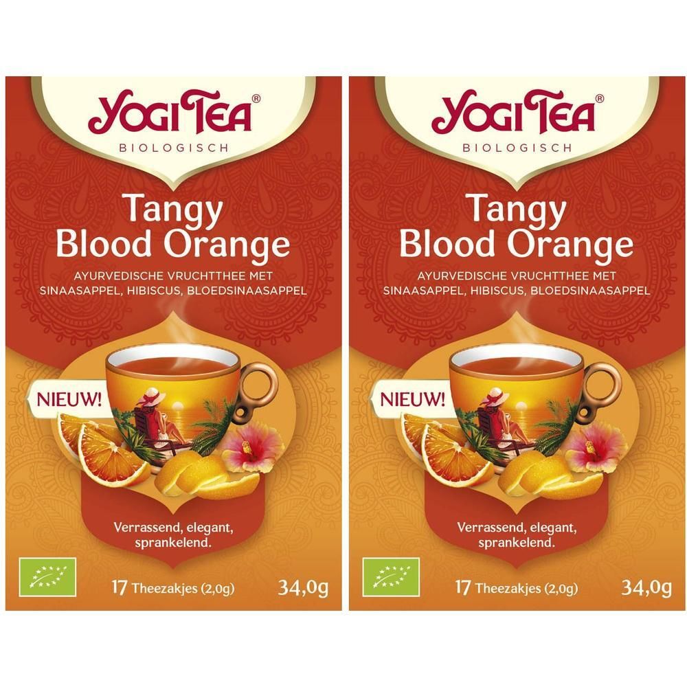 Yogi Tea Tangy Blood Orange thee verpakking met 17 zakjes. Toont een kop thee, bloedsinaasappels en bloemen.