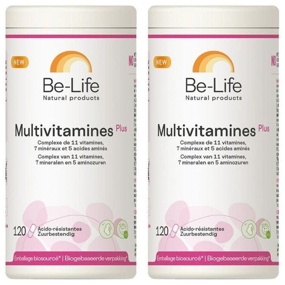 Deux flacons Be-Life Multivitamines Plus, chacun contenant 120 capsules. "NEW" et "Acido-resistentes" sont visibles.