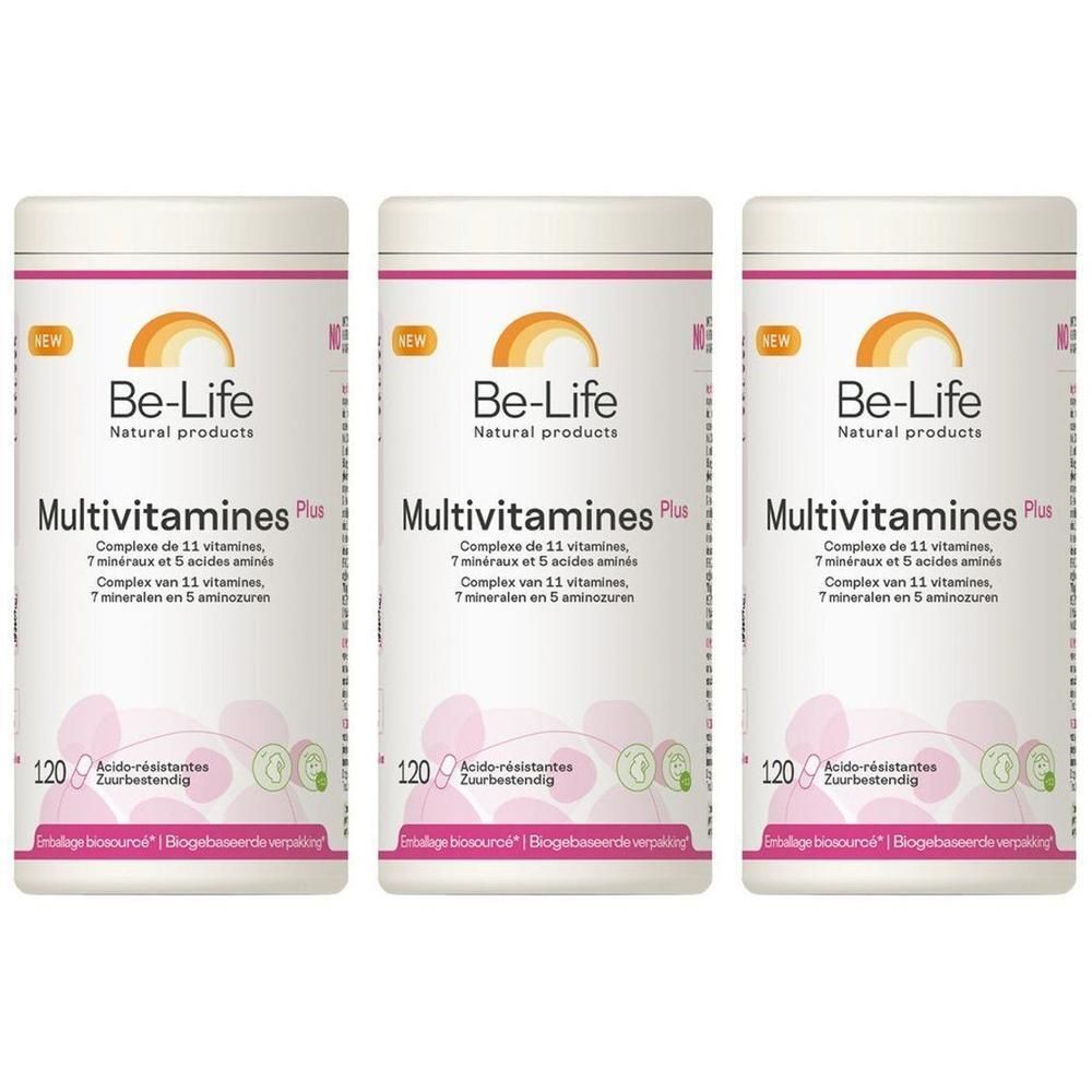 Trois flacons Be-Life Multivitamines Plus de 120 capsules. Résistant aux acides.