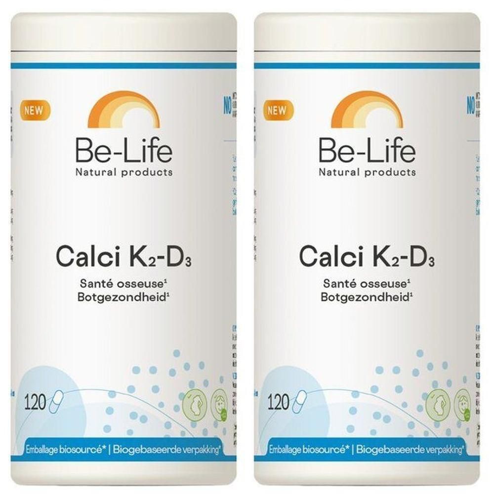 Deux contenants Be-Life Calci K2-D3 de 120 capsules. "Santé osseuse" et "Botgezondheid" sont imprimés sur l'étiquette.