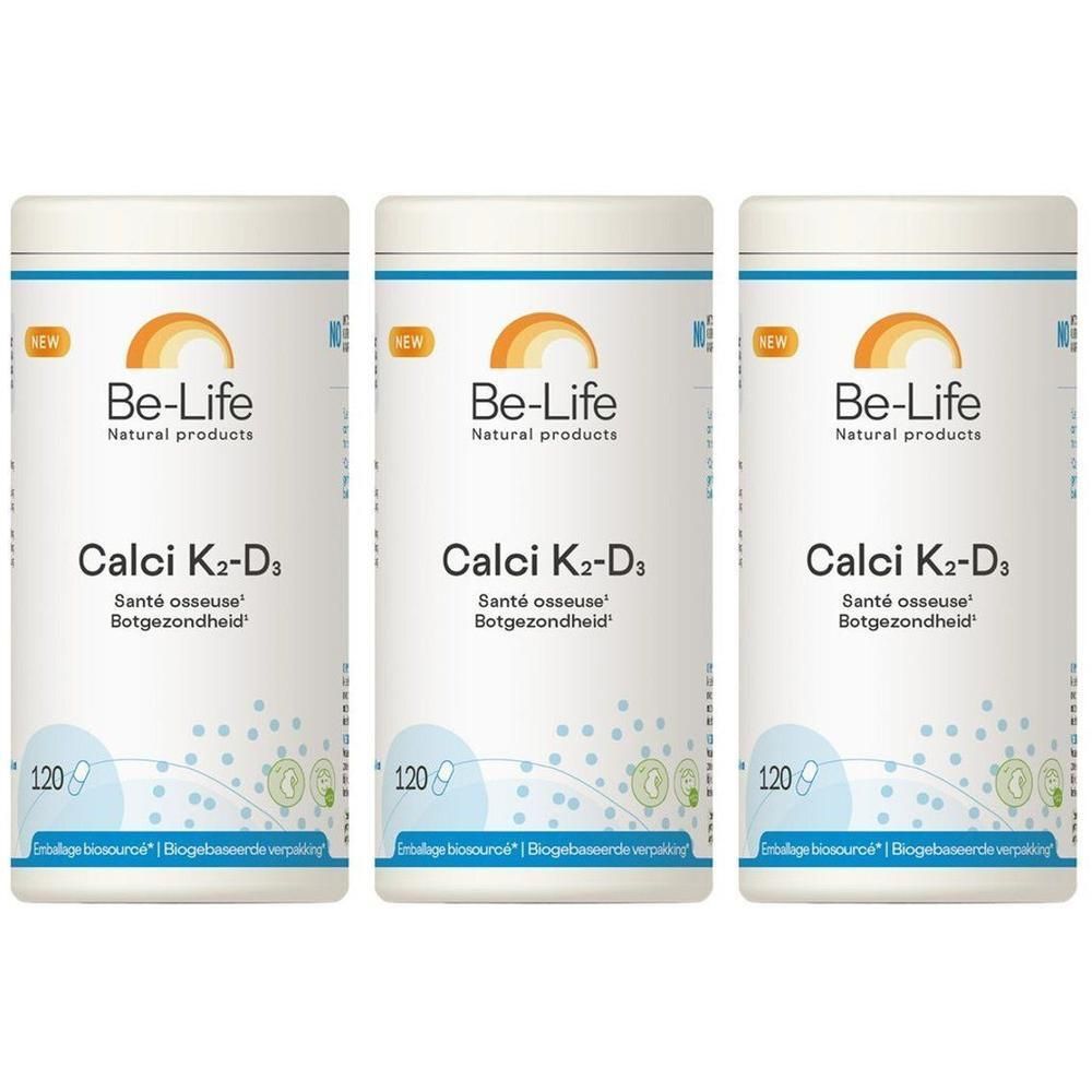 Drie Be-Life Calci K2-D3 potten met 120 capsules. Voor botgezondheid.