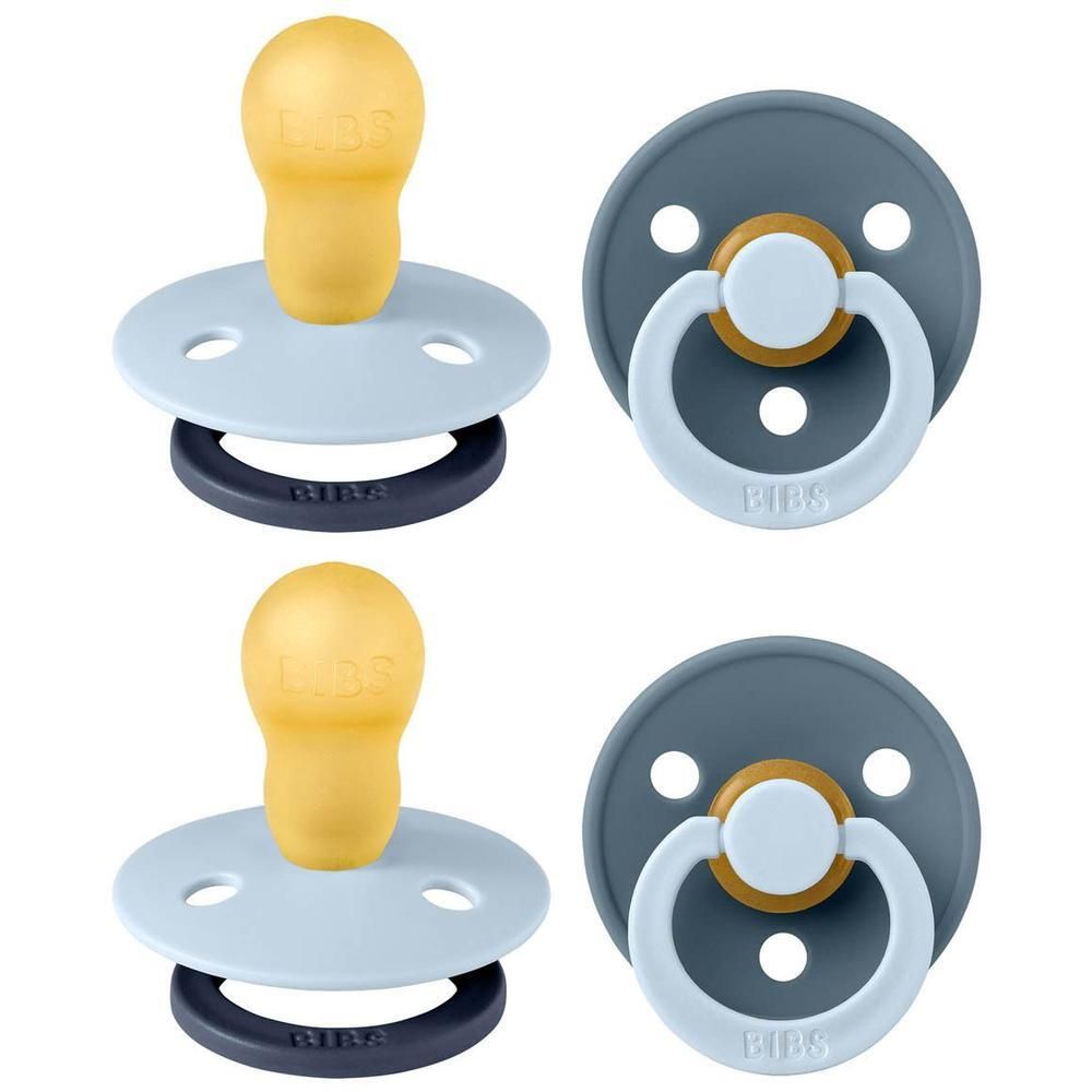 Deux BIBS sucettes en latex, taille 3, bleu clair et gris foncé avec tétines jaunes.