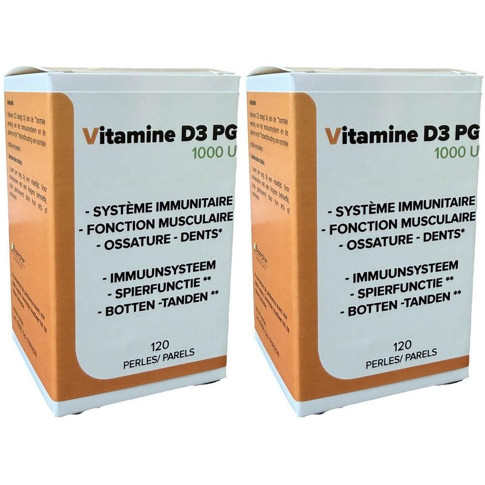 Deux boîtes de Vitamine D3 PG 1000 UI, chacune contient 120 perles.