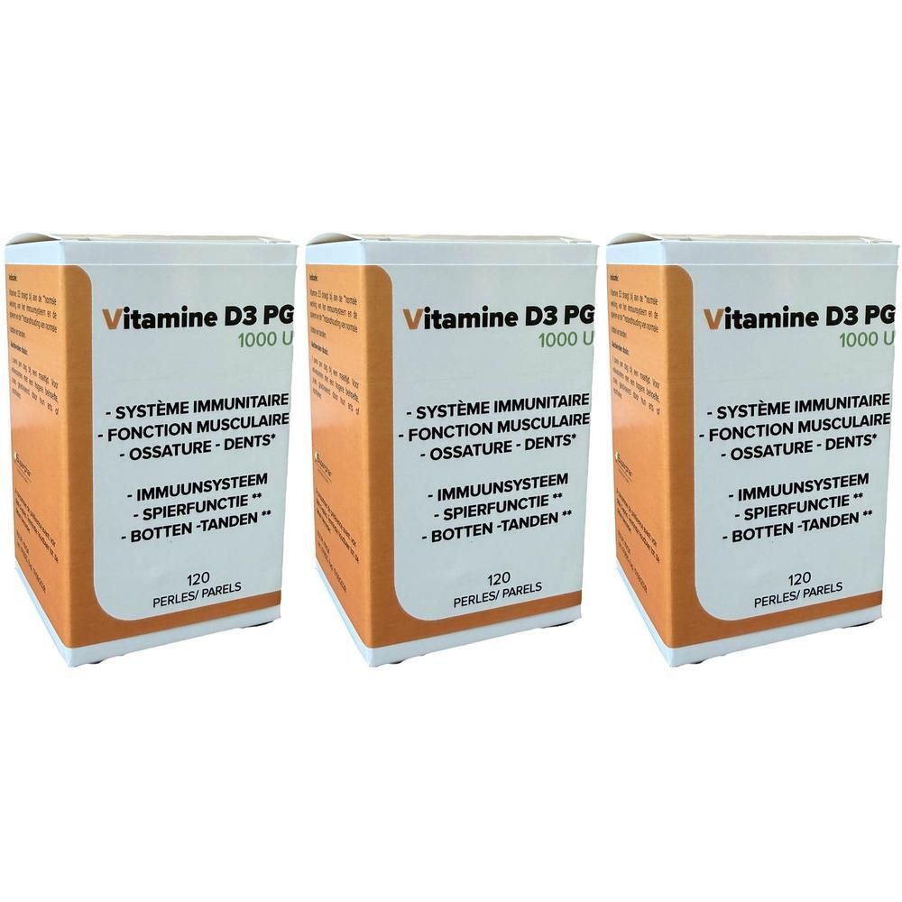 Drie verpakkingen Vitamine D3 PG 1000 IE met 120 parels per verpakking. Ondersteunt immuunsysteem, spieren, botten en tanden.