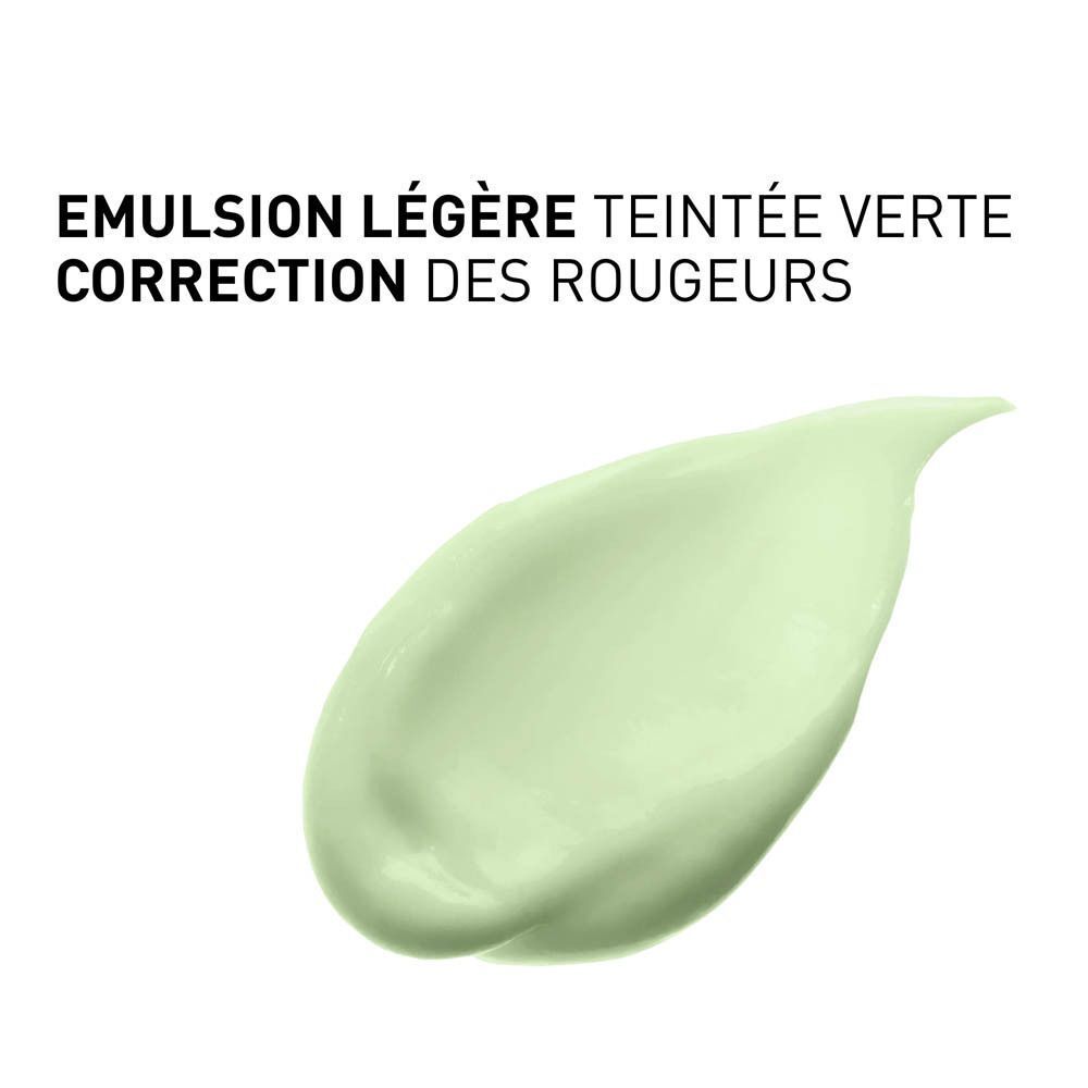 Émulsion verte légère avec le texte 'EMULSION LÉGÈRE TEINTÉE VERTE CORRECTION DES ROUGEURS'.