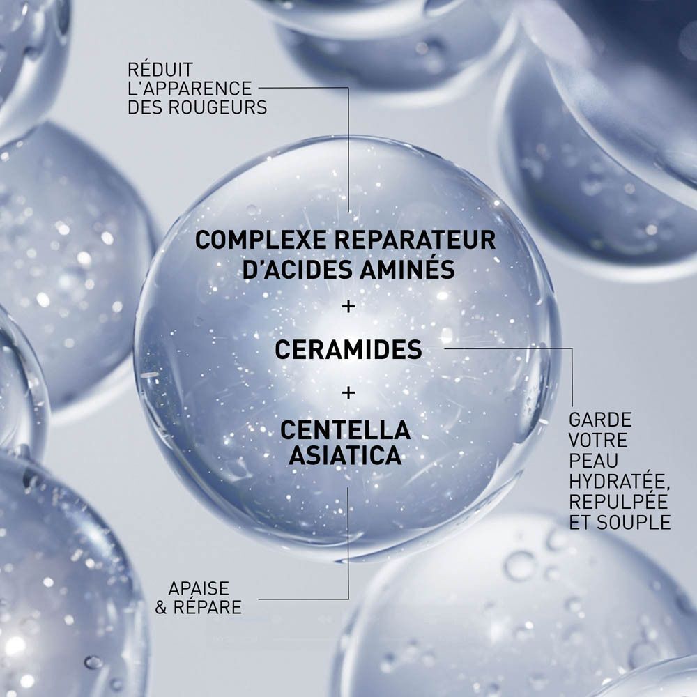 Infographie des ingrédients : Complexe réparateur d'acides aminés, Céramides, Centella Asiatica.