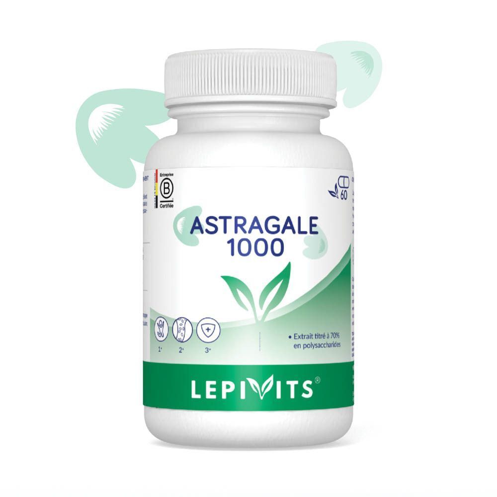 Flacon blanc Lepivits Astragale 1000 de 60 gélules, avec symboles immunité et énergie.