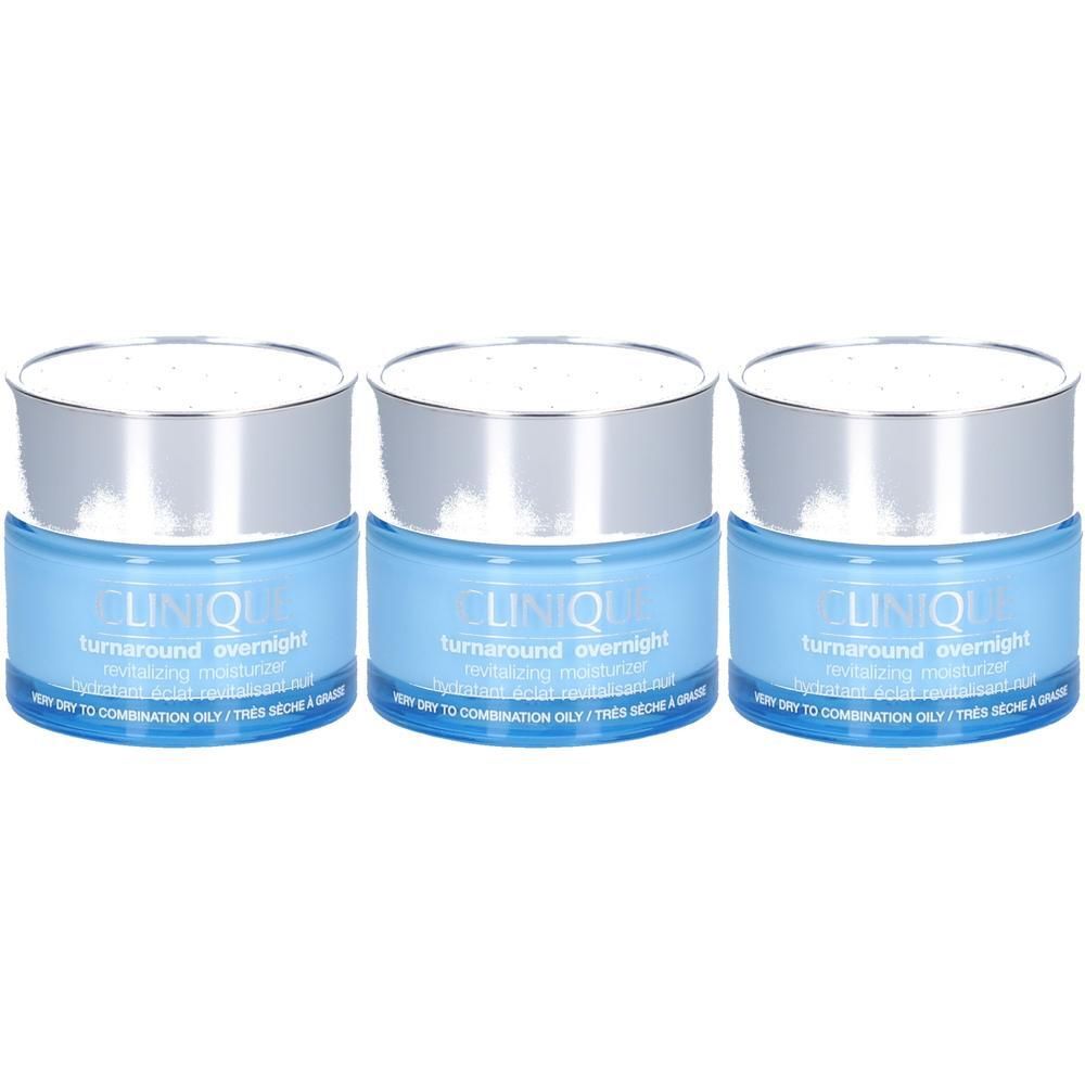 Trois pots de Clinique Turnaround Overnight Revitalizing Moisturizer côte à côte.