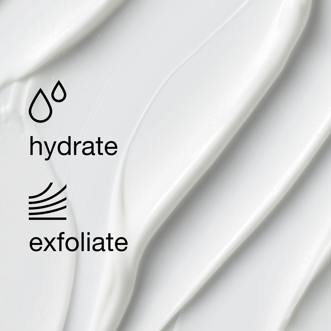 Texture de crème avec des icônes pour l'hydratation et l'exfoliation.