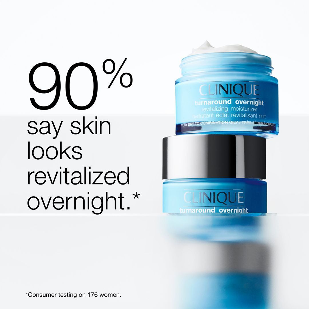 Twee potjes Clinique Turnaround Overnight Revitalizing Moisturizer gestapeld, met tekst.