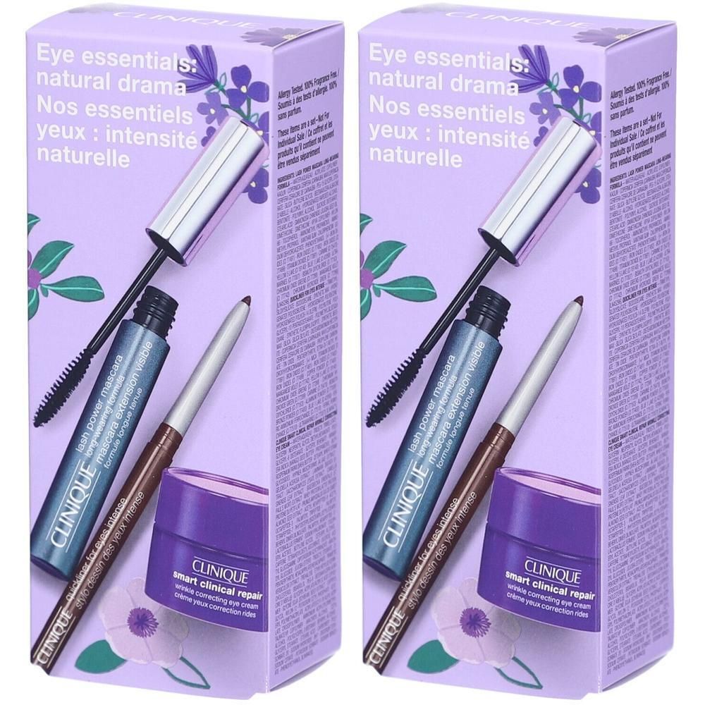 Coffret Clinique pour les yeux : mascara, eye-liner et crème contour des yeux.