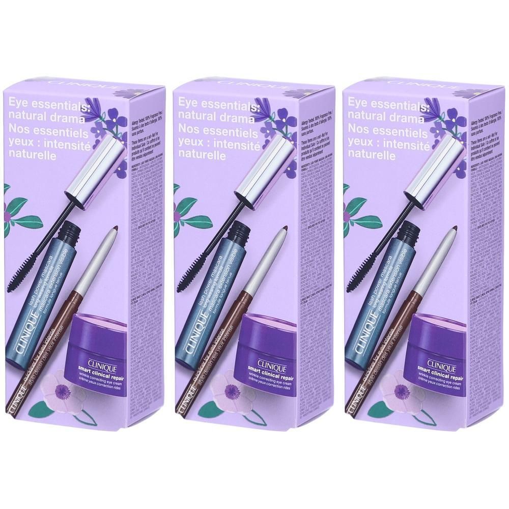Clinique oogverzorgingsset met mascara, eyeliner en oogcrème in paarse verpakking.