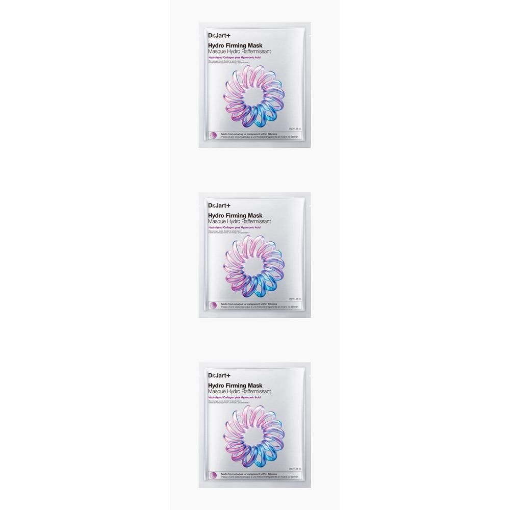 Drie Dr.Jart+ Hydro Firming Mask pakjes met spiraalpatroon.