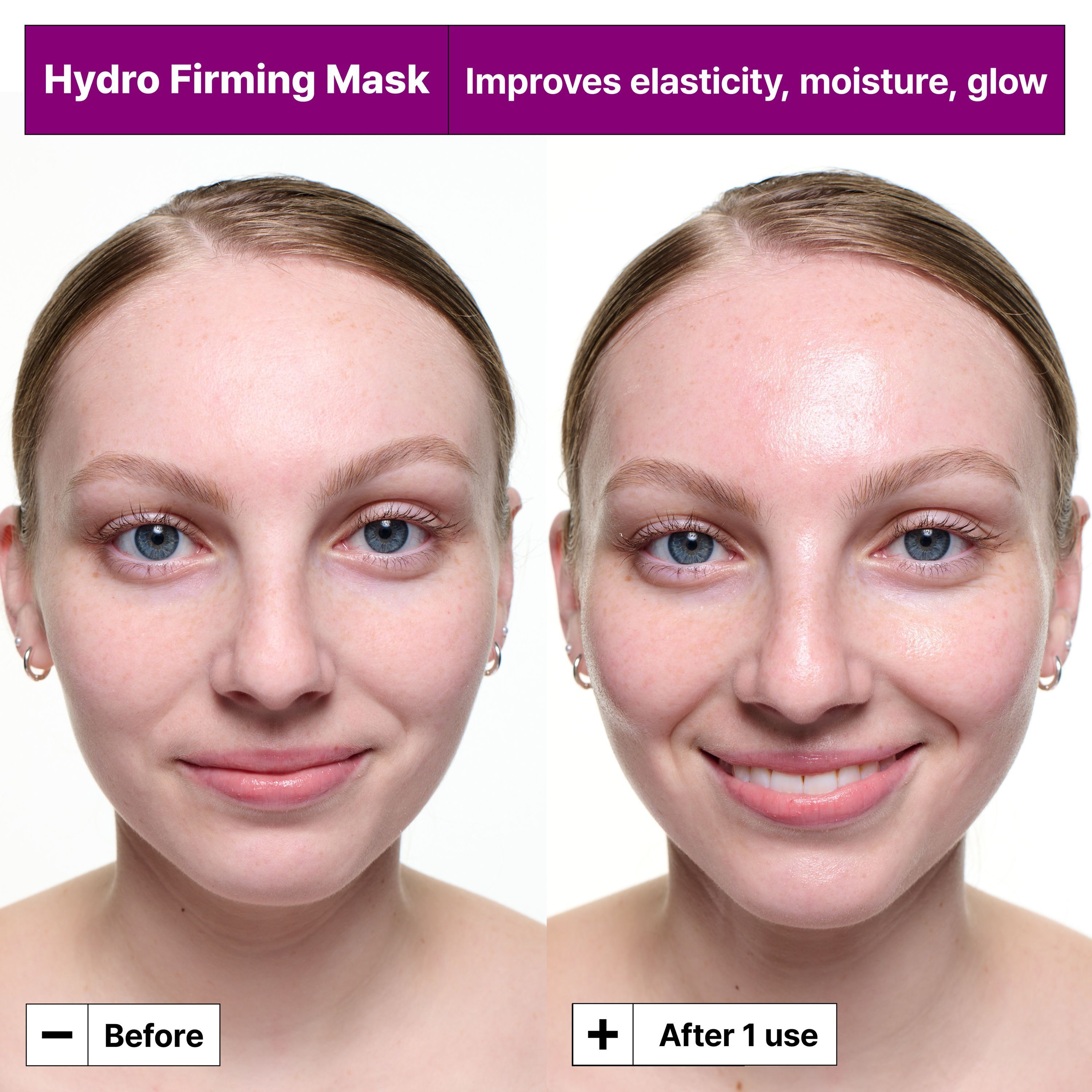 Comparaison avant/après d'une femme avec le Masque Hydro Raffermissant Dr.Jart+.