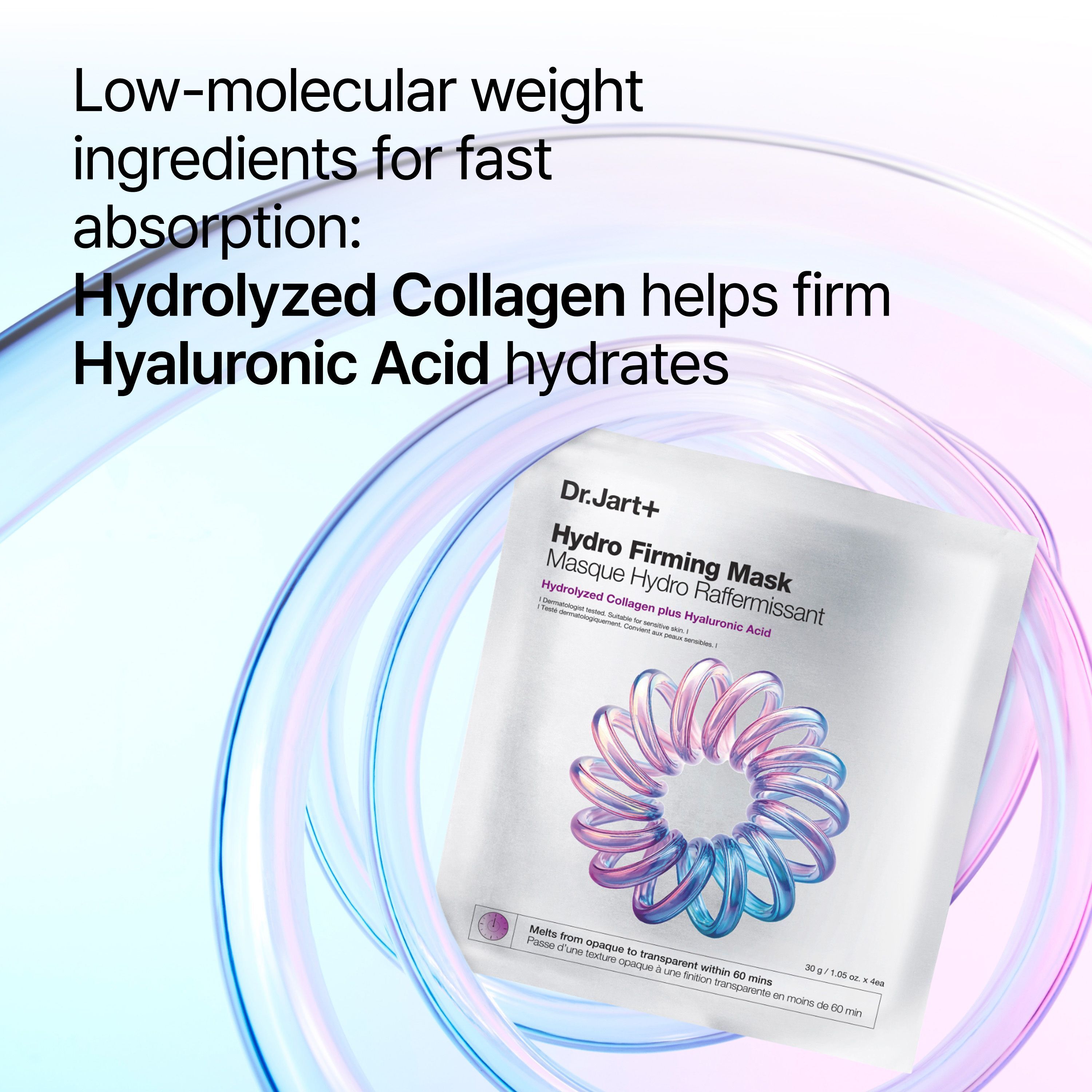 Dr.Jart+ Hydro Firming Mask pakje met tekst over ingrediënten en absorptie.