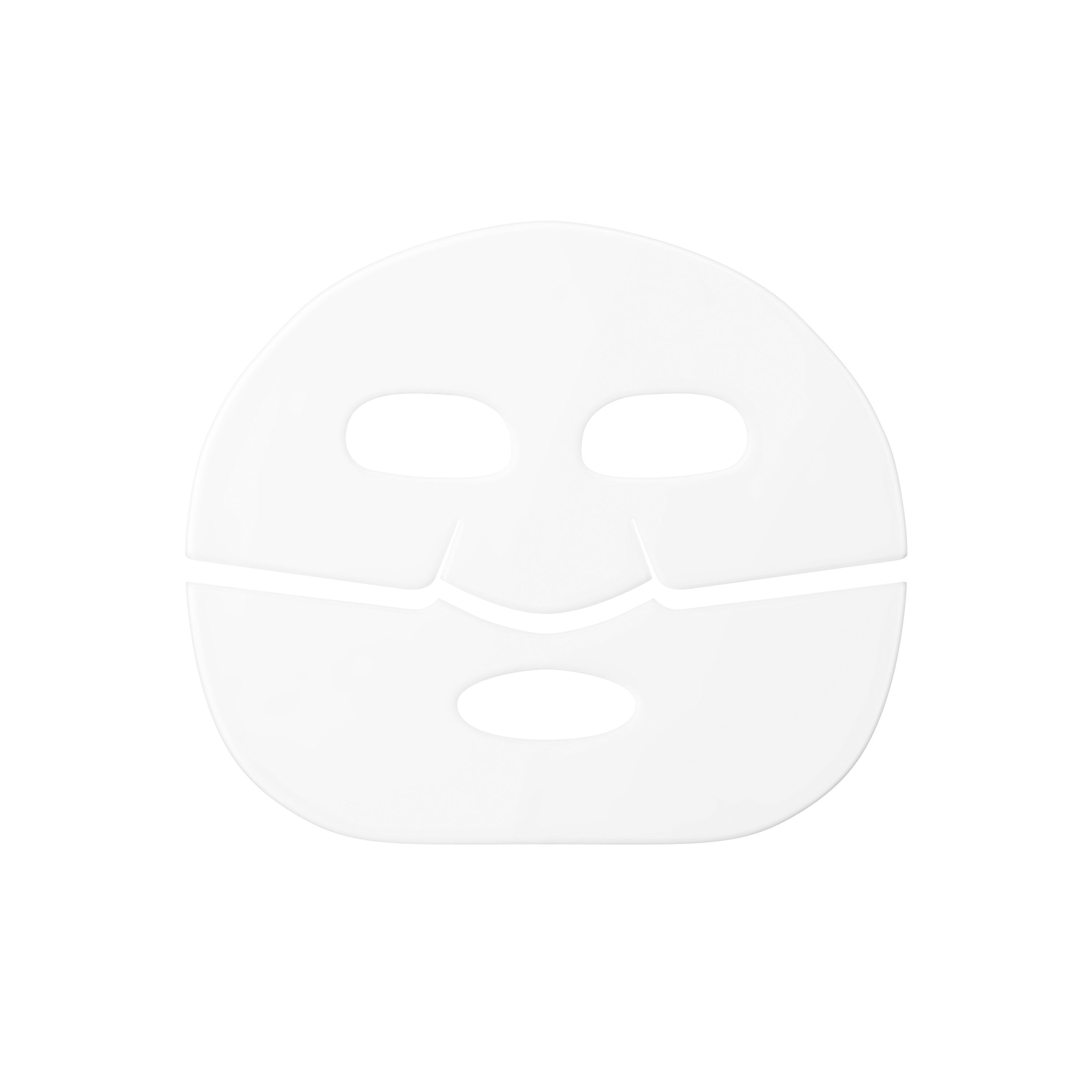 Un masque facial blanc avec des découpes pour les yeux, le nez et la bouche.