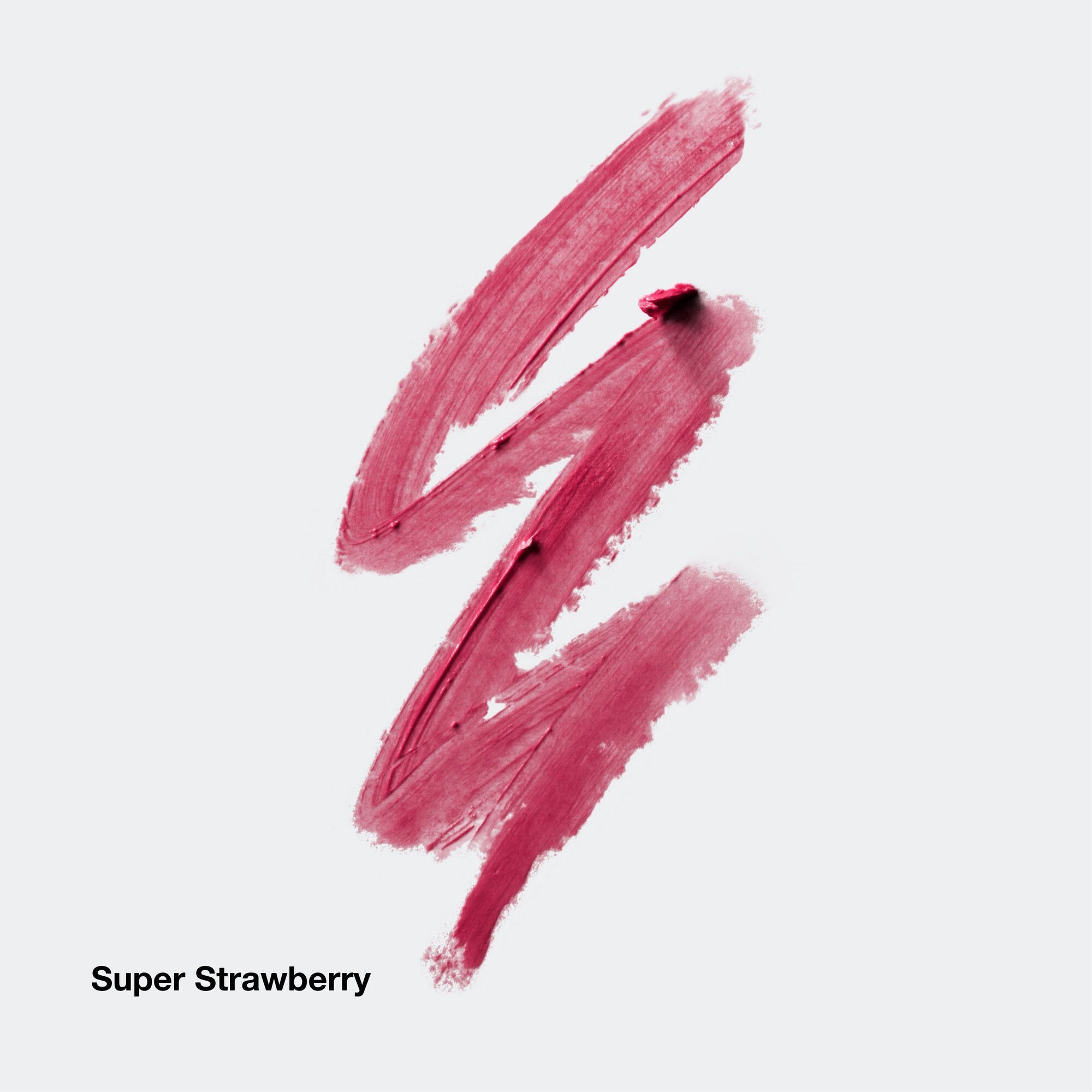 Un échantillon de rouge à lèvres rouge en forme de zigzag. "Super Strawberry" en dessous.