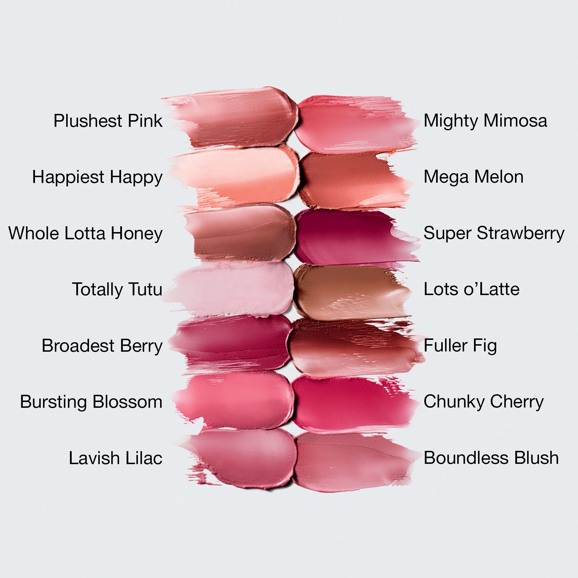 Twaalf swatches van CLINIQUE Chubby Stick lippenbalsems met kleurnamen.