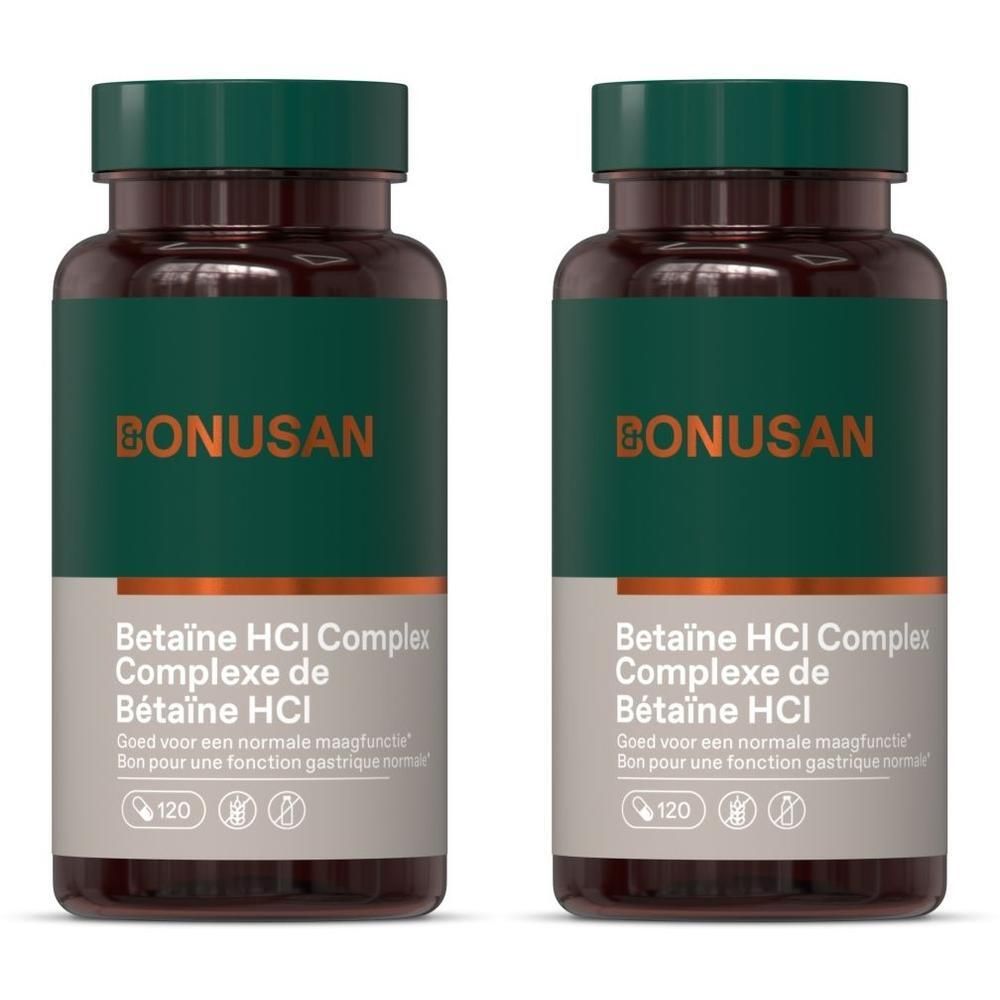 Twee flacons Bonusan Betaïne HCl Complex, elk 120 capsules.