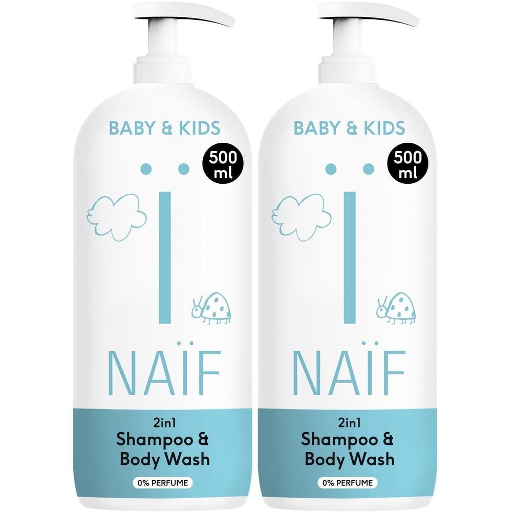 Twee flessen Naïf 2-in-1 Shampoo & Body Wash, 500ml.