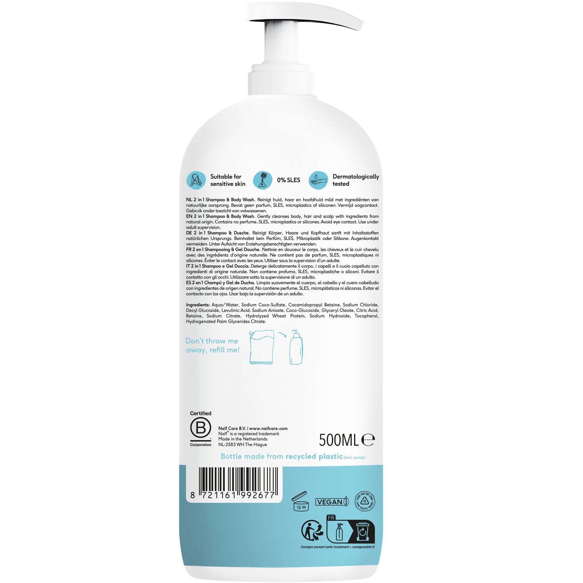 Arrière d'un flacon Naïf Shampooing & Gel Lavant 2-en-1 avec ingrédients et certifications.