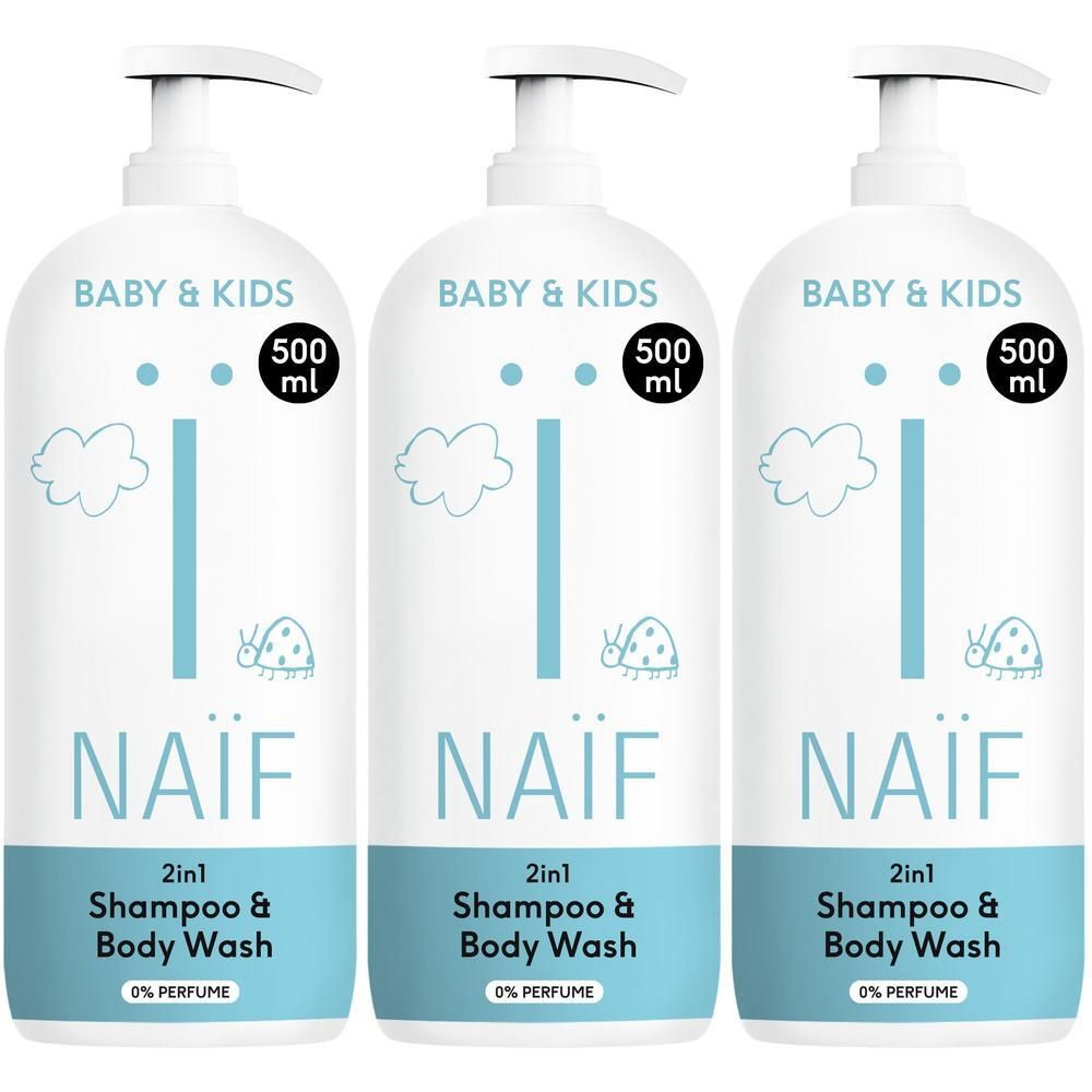 Drie flessen Naïf 2-in-1 Shampoo & Body Wash, 500 ml.