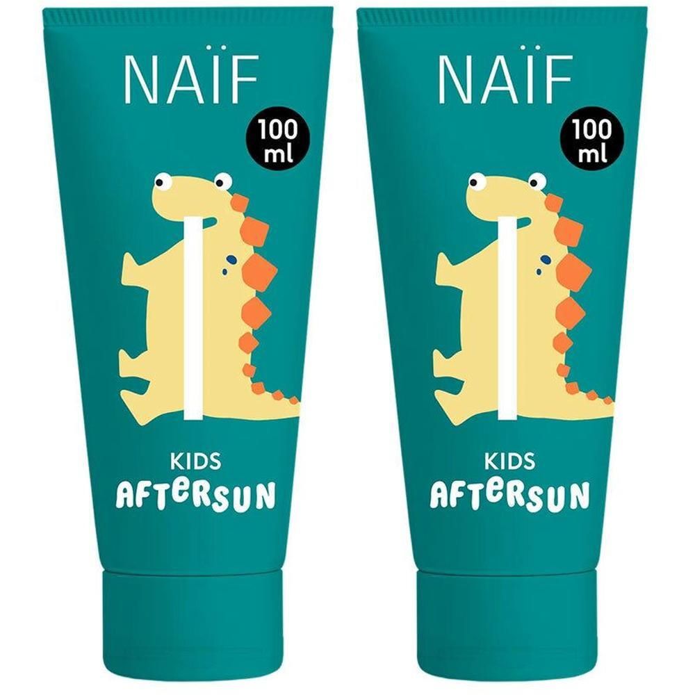 Deux tubes Naïf Kids Après-Soleil avec un dinosaure, 100 ml chacun.
