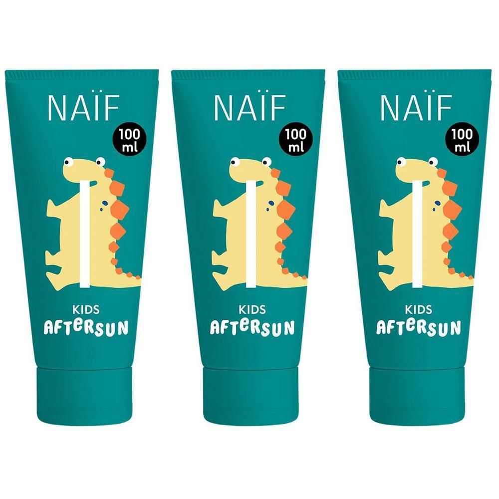 Trois tubes de Naïf Kids Après-Soleil avec motif dinosaure, 100 ml chacun.