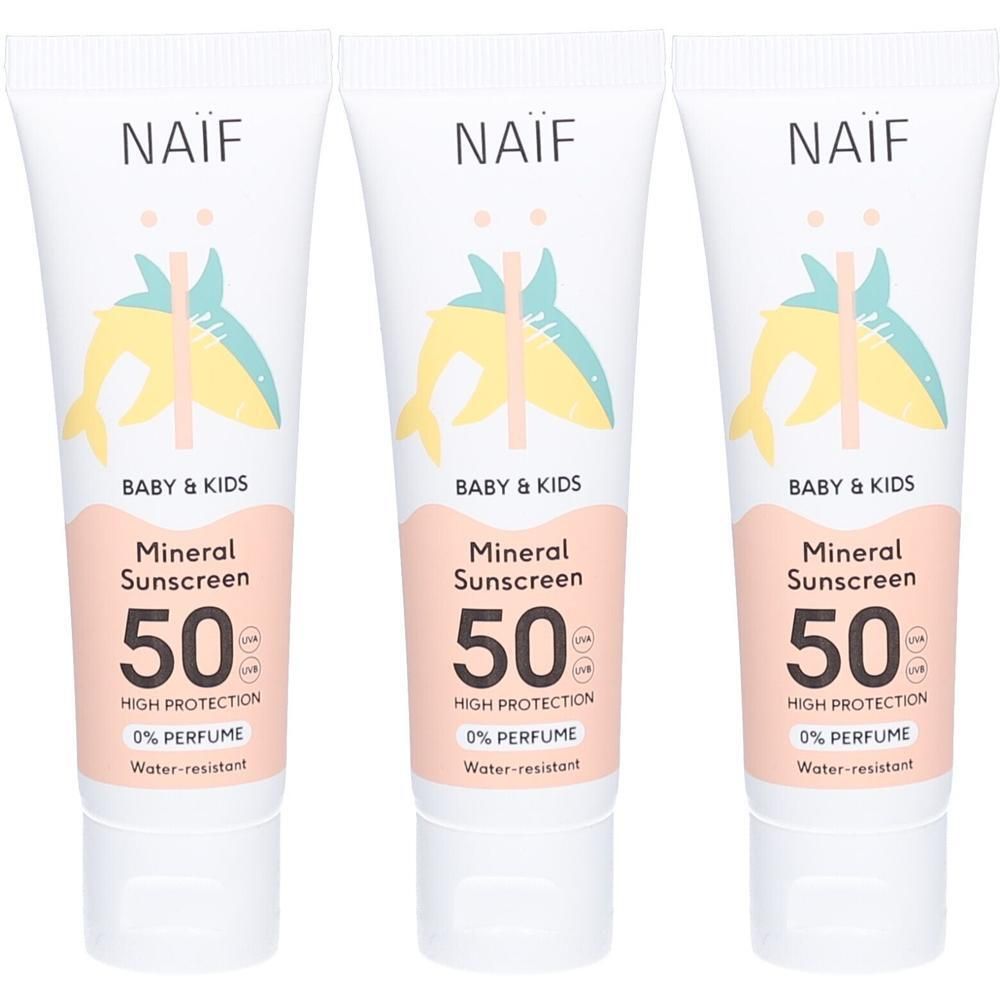 Trois tubes de Naïf Crème Solaire Minérale SPF 50 pour bébé et enfants. Haute protection, sans parfum, résistant à l'eau.