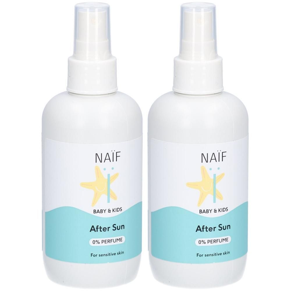 Twee flessen Naïf After Sun Spray voor baby's en kinderen, 0% parfum.