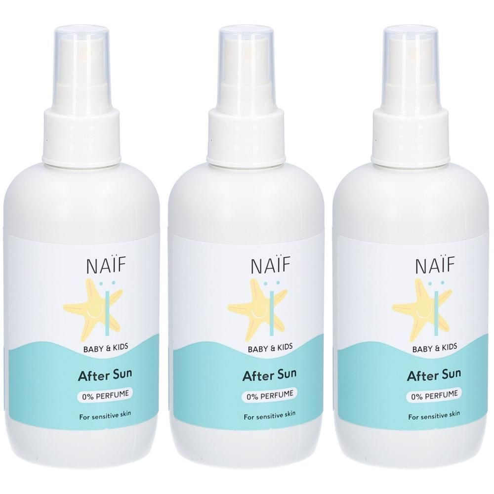 Trois flacons de spray Naïf Après-Soleil avec motif étoile. 0% parfum, pour peaux sensibles.