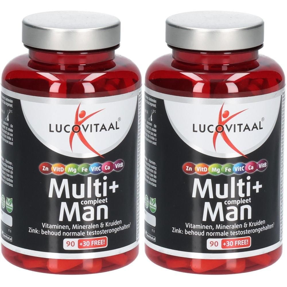 Twee flessen Lucovitaal Multi+ Man multivitaminen. Rode potjes met zilverkleurige doppen.