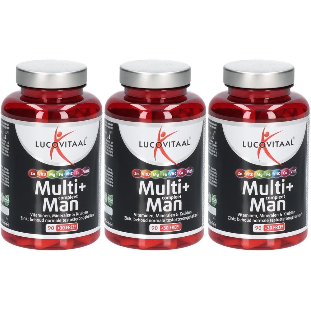 Drie flessen Lucovitaal Multi+ Man supplementen met vitaminen, mineralen en kruiden.