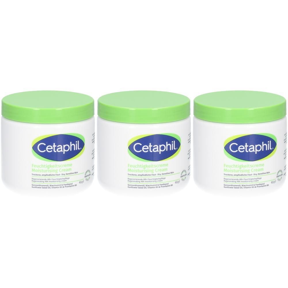 Drie witte potten Cetaphil hydraterende crème met lichtgroene deksels.