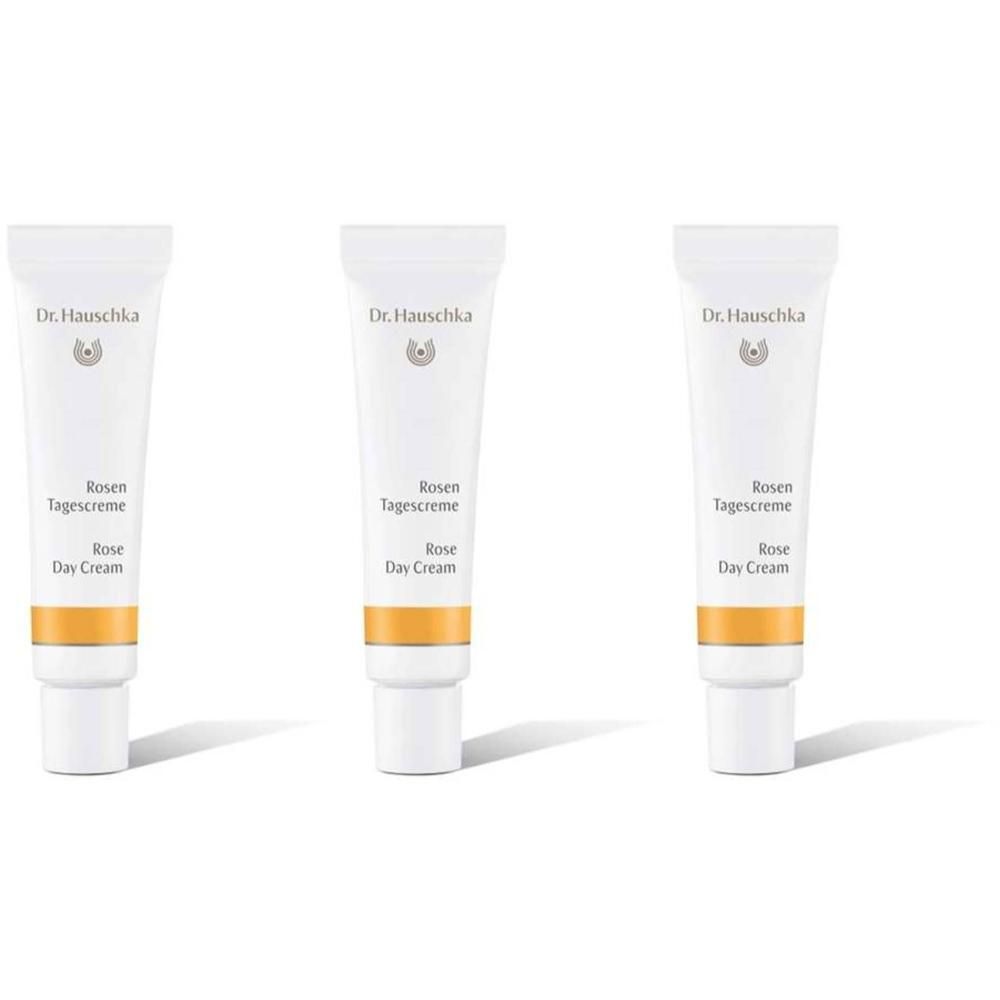 Drie tubes Dr. Hauschka Rozen Dagcrème.