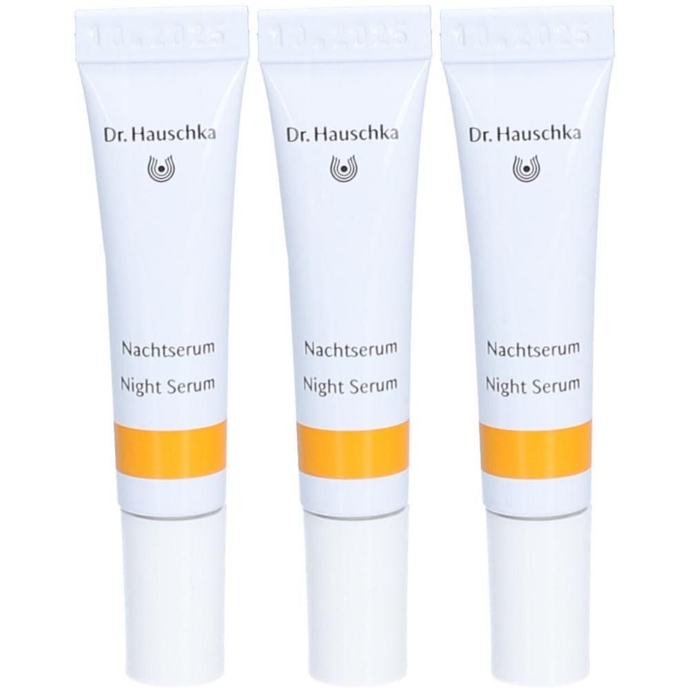 Trois mini-tubes de Sérum Tonifiant Nuit Dr. Hauschka avec bande orange.