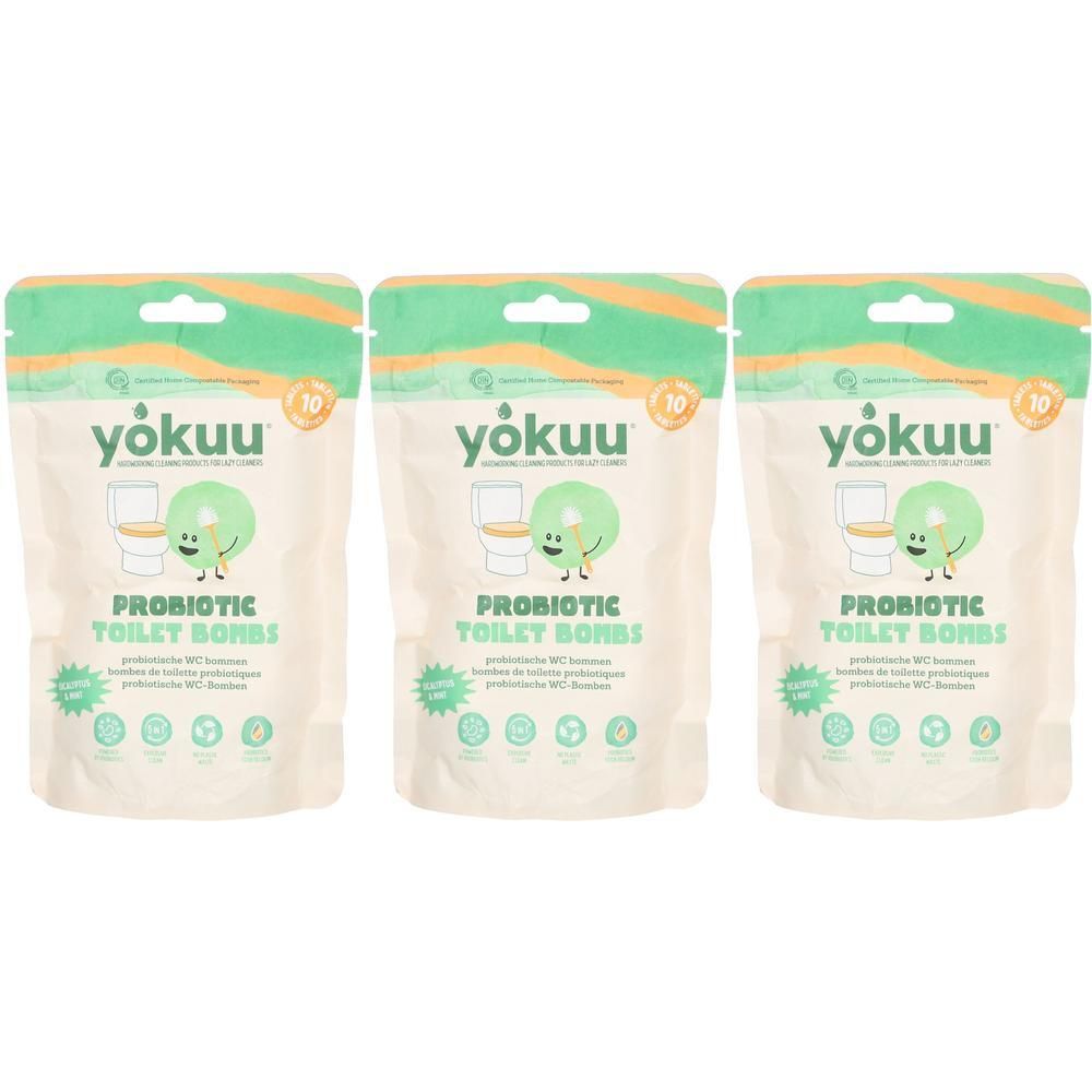 Trois sachets de Yokuu Probiotic Toilet Bombs avec design Eucalyptus & Menthe.
