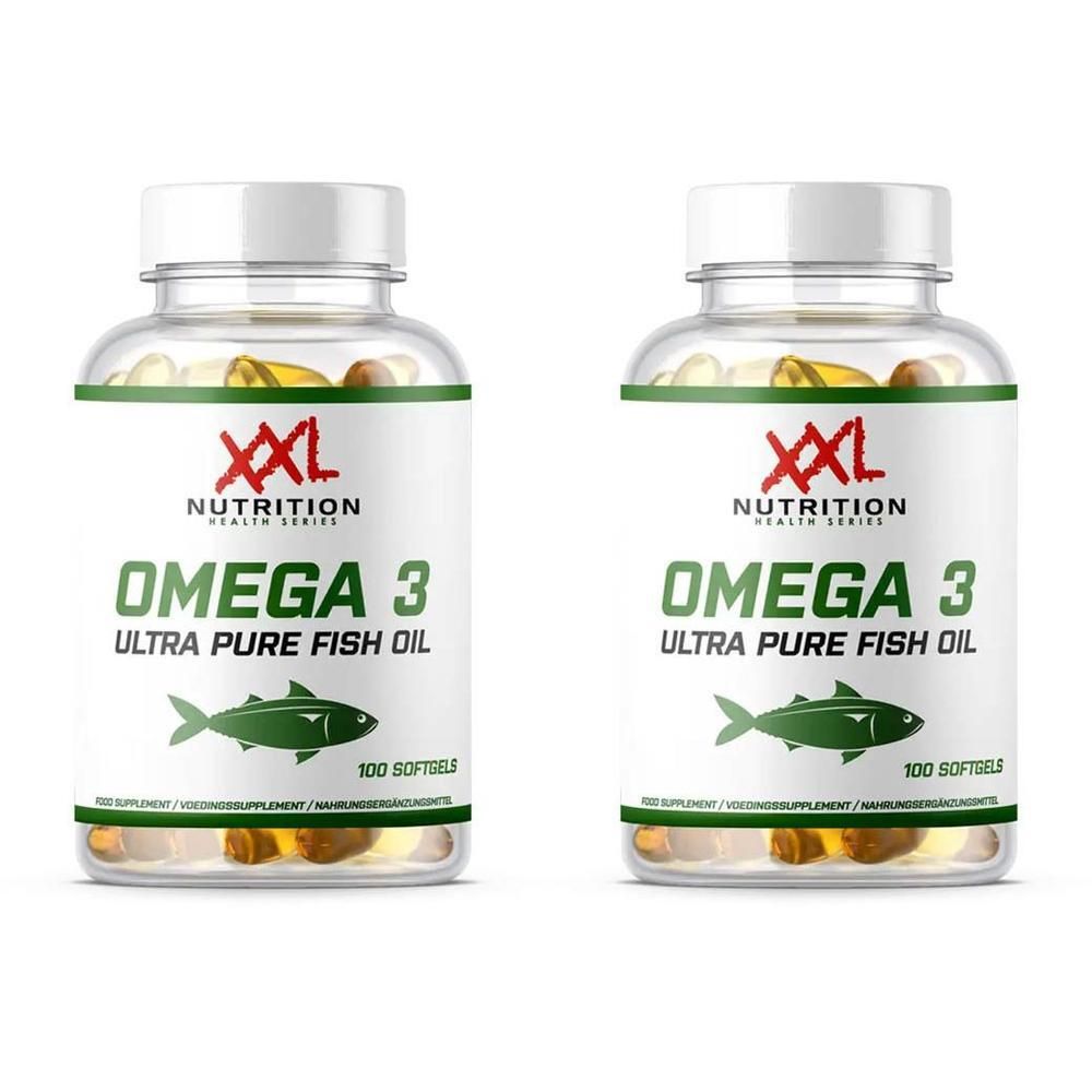 Deux flacons d'XXL Nutrition Omega 3 Ultra Pure Fish Oil, chacun contient 100 gélules.