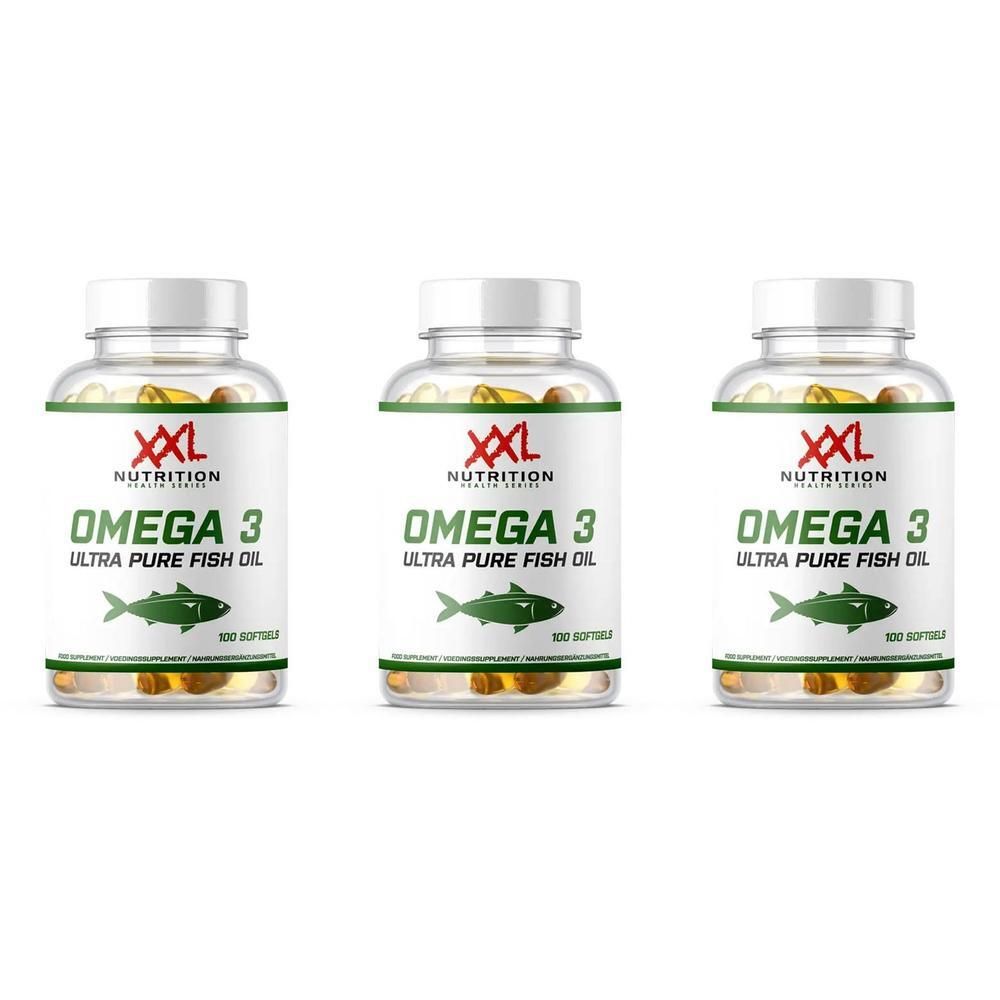 Trois bouteilles d'XXL Nutrition Oméga 3 Huile de poisson ultra pure, chacune contient 100 gélules.