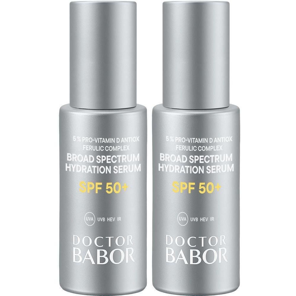 Twee flacons Babor hydraterend serum met hoge bescherming SPF 50+.