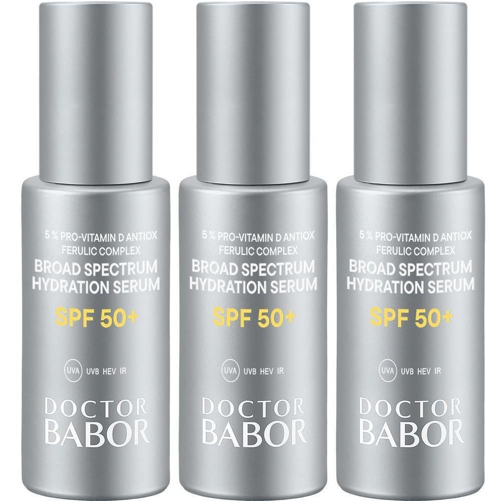 Drie flacons Babor hydraterend serum SPF 50+.