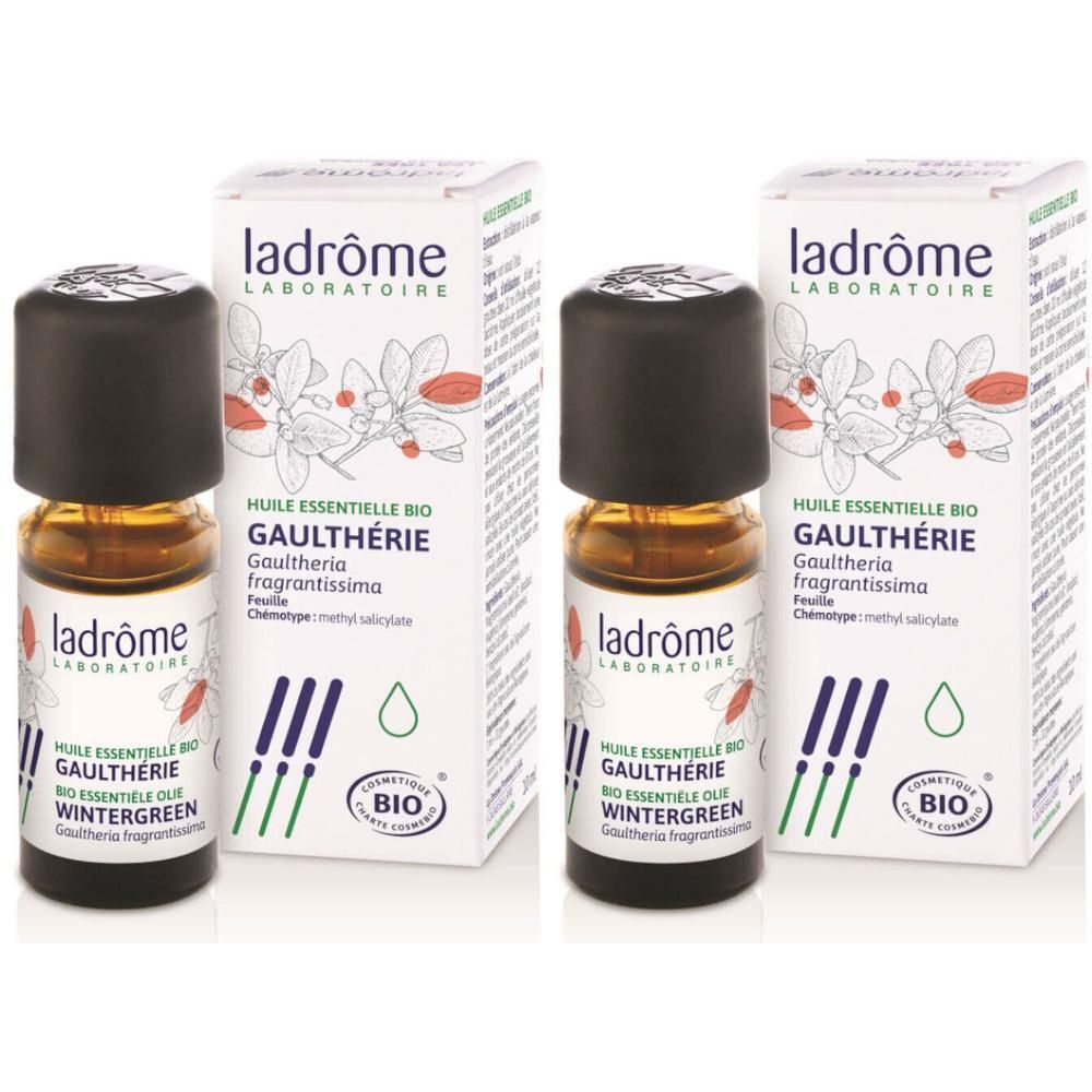 Deux flacons d'huile essentielle bio de Gaulthérie Wintergreen de Ladrôme avec emballage. Flacons en verre brun avec bouchons noirs.