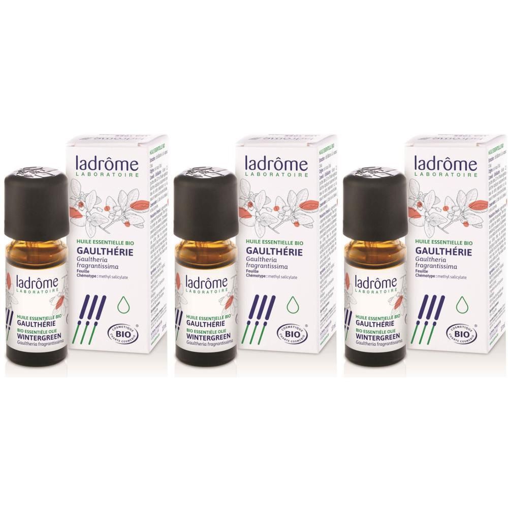 Trois flacons d'huile essentielle bio de Gaulthérie Wintergreen de Ladrôme avec emballage cartonné.